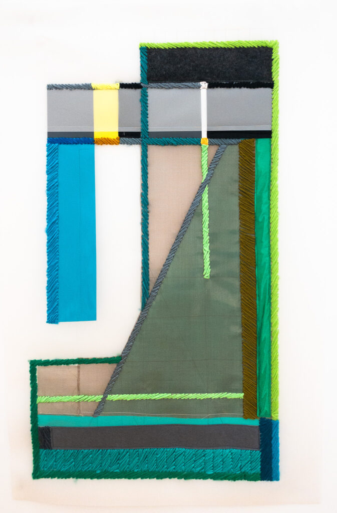 Rachel Hellmann, Backstitch, Thread, Yarn, Fabric, Felt, Acrylic on Mylar, 40 x 25 inches