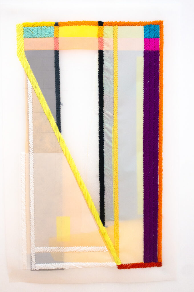 Rachel Hellmann, Sol, Thread, Yarn, Fabric, Felt, Acrylic on Mylar, 40 x 25 inches