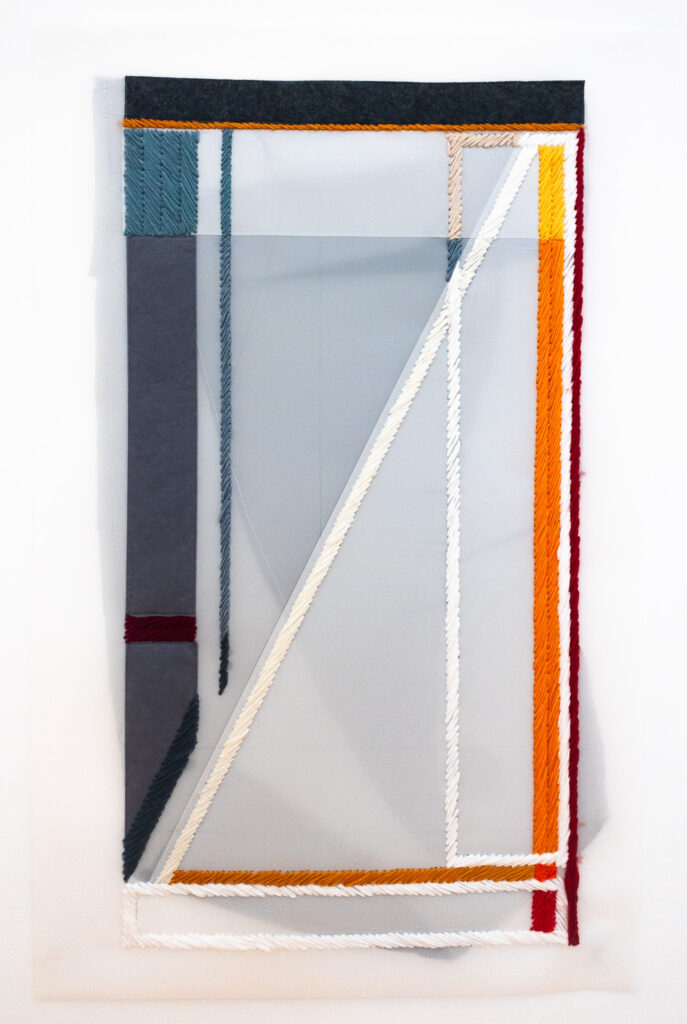 Rachel Hellmann, Dwelling Place, Thread, Yarn, Fabric, Felt, Acrylic on Mylar, 40 x 25 inches