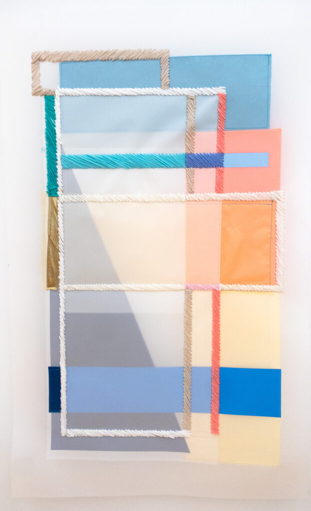 Rachel Hellmann, Feather Weight, Thread, Yarn, Fabric, Felt, Acrylic on Mylar, 40 x 25 inches