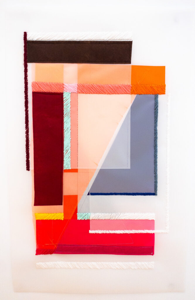 Rachel Hellmann, Blueprint, Thread, Yarn, Fabric, Felt, Acrylic on Mylar, 40 x 25 inches