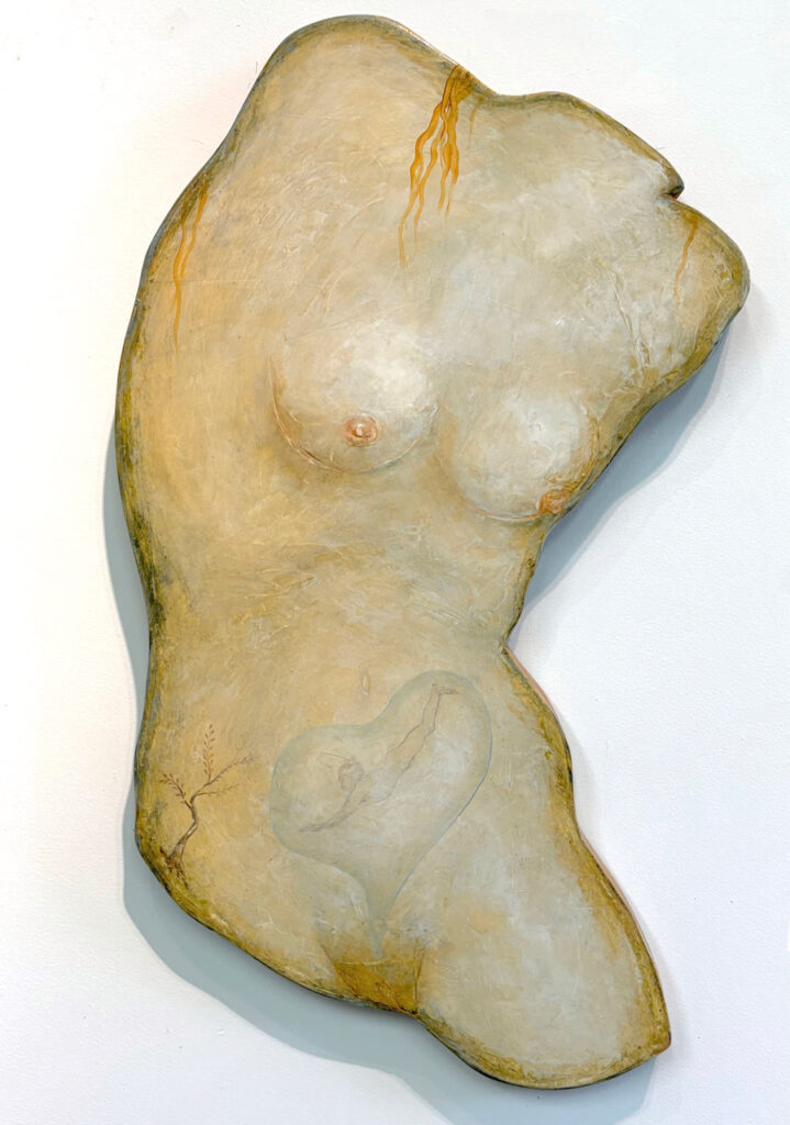 Tabith Vevers, Flesh Memories, Luna, 1996, oil and mixed media on wood panel. 35 x 19 inches