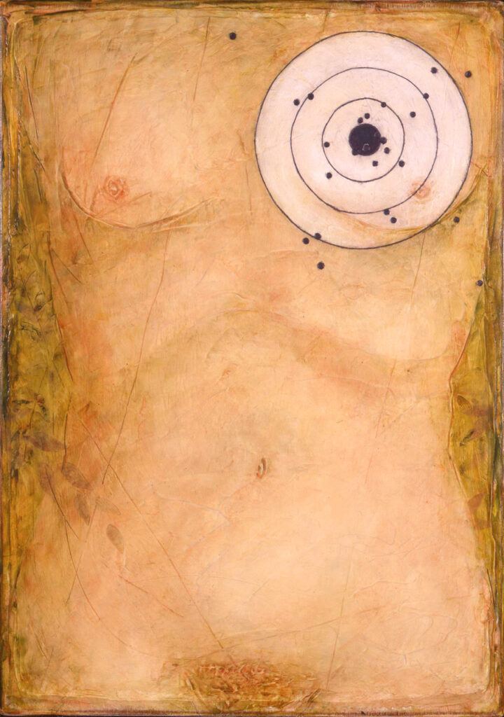 Tabith Vevers, Flesh Memories, Target, 1996, oil and mixed media on wood panel. 25.5 x 18 inches