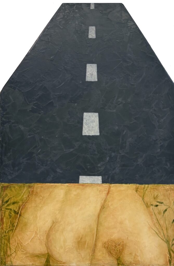 Tabitha Vevers, Flesh Memories: Commuters, 1996, oil and mixed media on wood panel with metal, 32 x 22 inches
