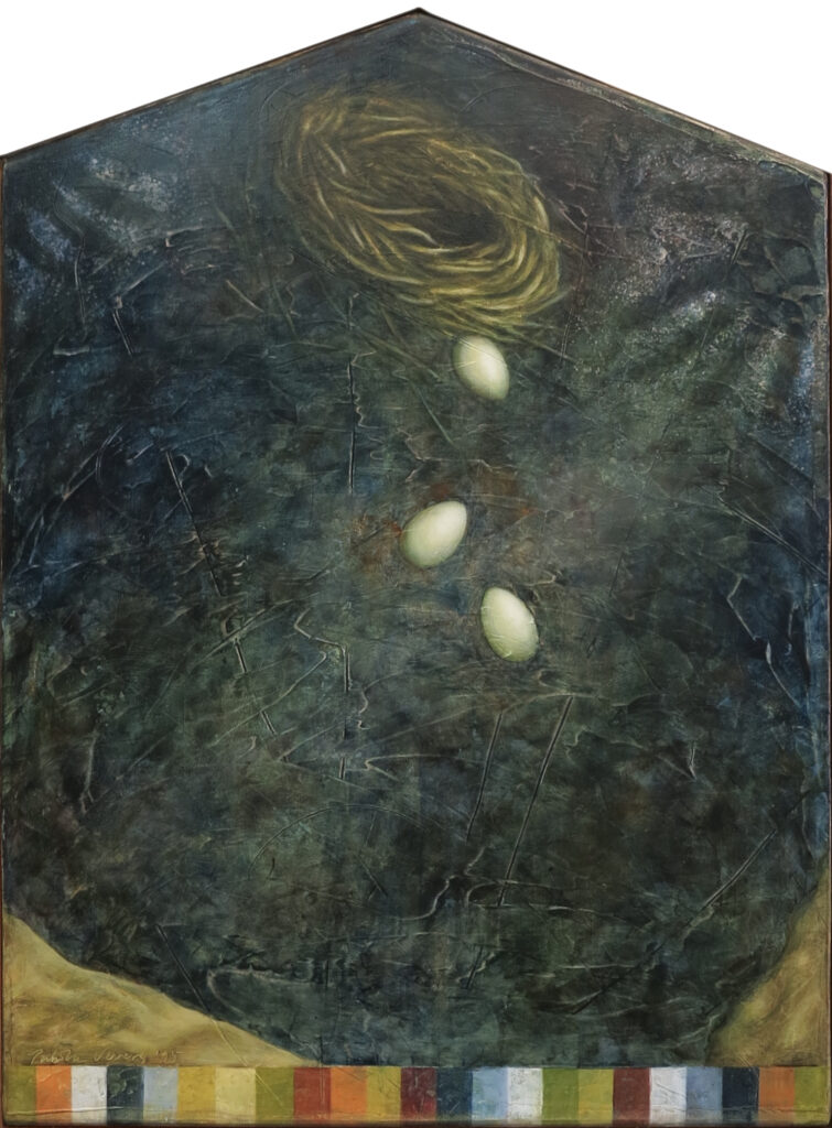 Tabitha Vevers, Flesh Memories: One Thing That Sometimes Happens II, 1995, oil and mixed media on wood panel, 28.5 x 21 inches