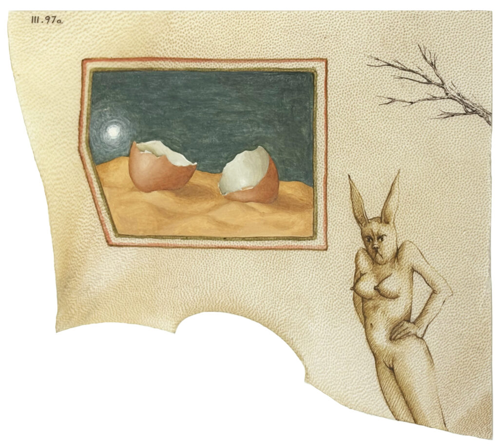 Tabitha Vevers, Transient Anatomies, III.97a, Naked & Angry, 1997, Ink and Oil on goatskin vellum, 7.5 x 8.75.25 inches
