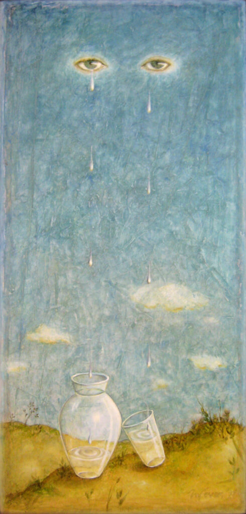 Tabitha Vevers, Tear Catchers, 1998, oil and mixed media on wood panel, 32 x 16 inches