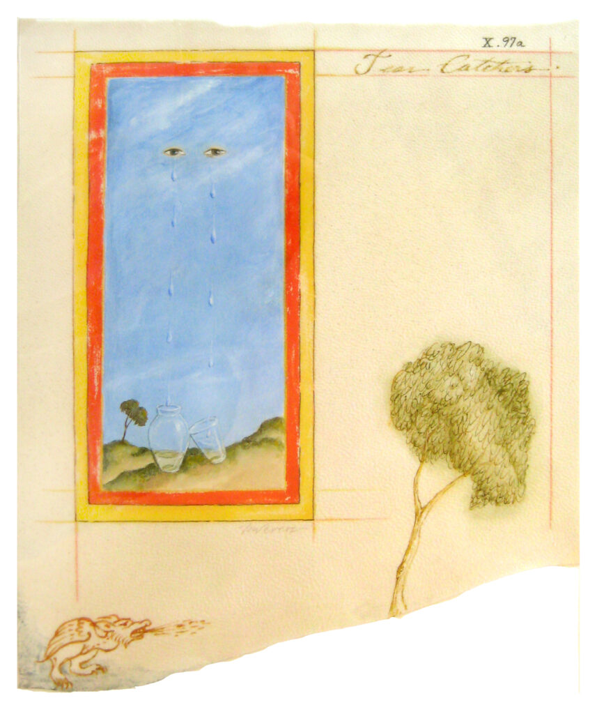 Tabitha Vevers, Transient Anatomies, X.97a, Tear Catchers, 1997, Ink and Oil on goatskin vellum, 9.5 x 7.75 inches