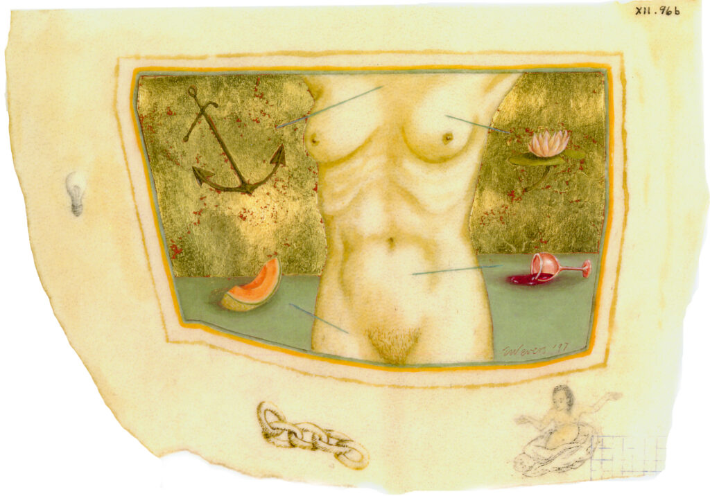 Tabitha Vevers, Transient Anatomies, XII.96b, Essence, 1997, Ink and Oil on goatskin vellum, 6.75 x 9.5 inches