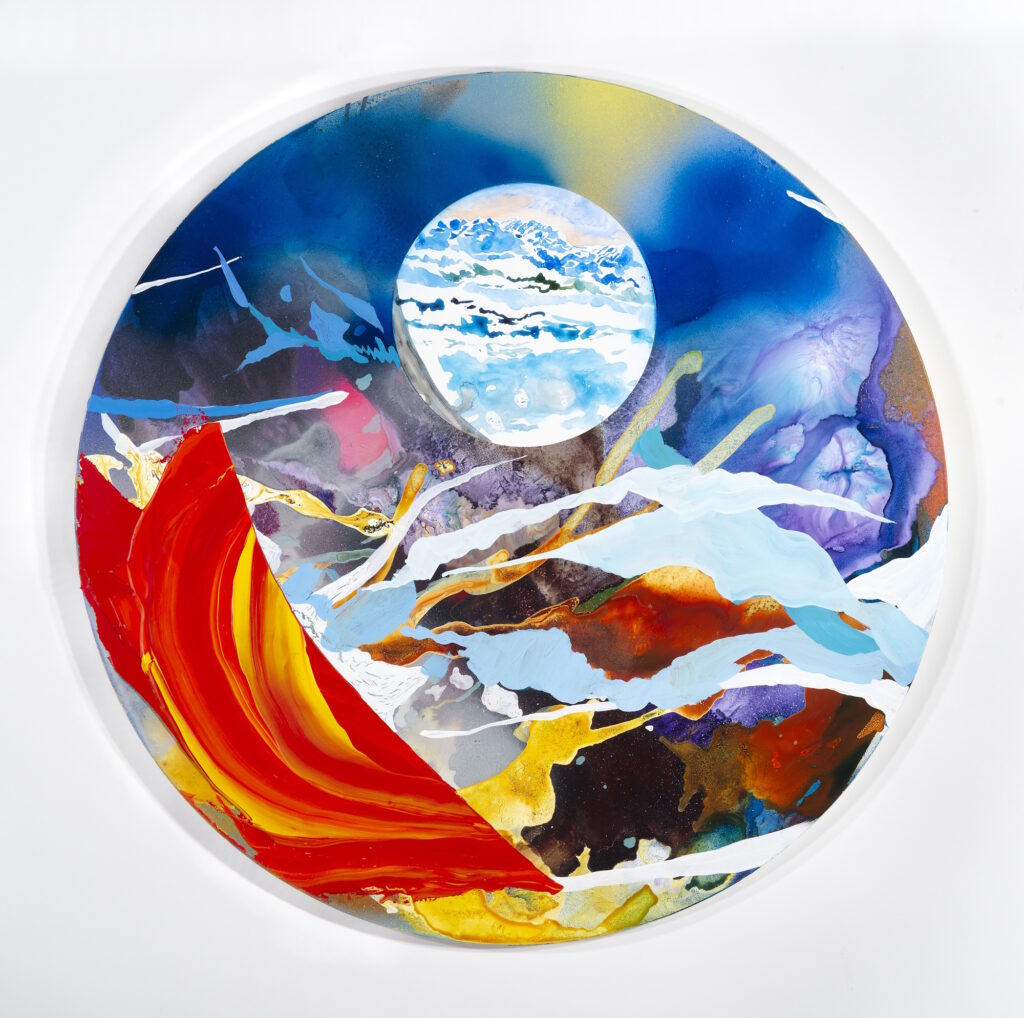 Arden Bendler Browning, Safe Distance, 2025, mixed media on panel, 26 x 26 inches