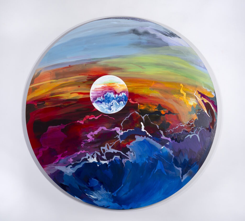 Arden Bendler Browning, Window Seat, 2026, caran d'ache crayon on yupo collage, acrylic and acrylic gouache on suspended wood panel, 40 x 40 inches