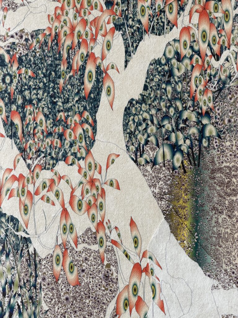 Andy Millner, Thrum (tree) 2026, pigment ink drawing, mulberry paper, linen, wax thread, 40 x 30 inches