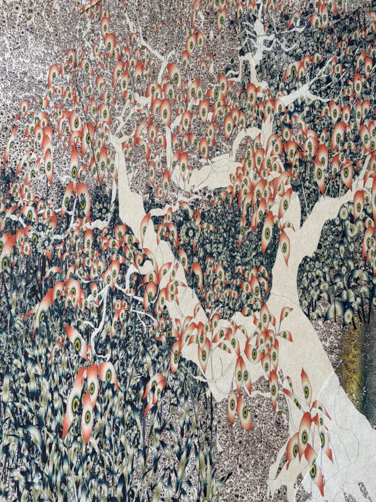 Andy Millner, Thrum (tree) 2026, pigment ink drawing, mulberry paper, linen, wax thread, 40 x 30 inches