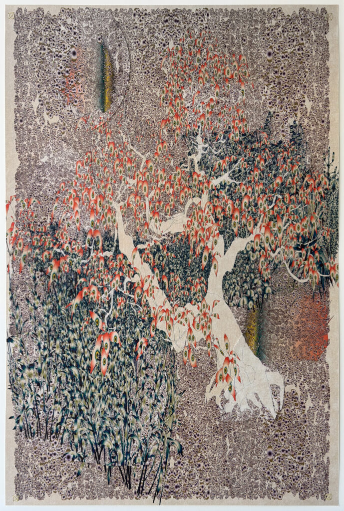 Andy Millner, Thrum (tree) 2026, pigment ink drawing, mulberry paper, linen, wax thread, 45 x 30 inches