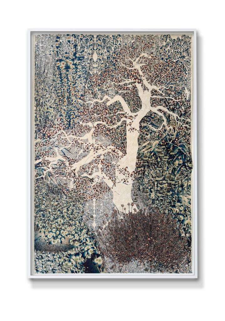 Andy Millner, Thrum (tree) 2026, pigment ink drawing, mulberry paper, linen, wax thread, 40 x 30 inches