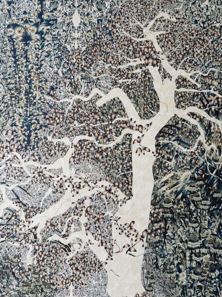 Andy Millner, Thrum (tree) 2026, pigment ink drawing, mulberry paper, linen, wax thread, 40 x 30 inches