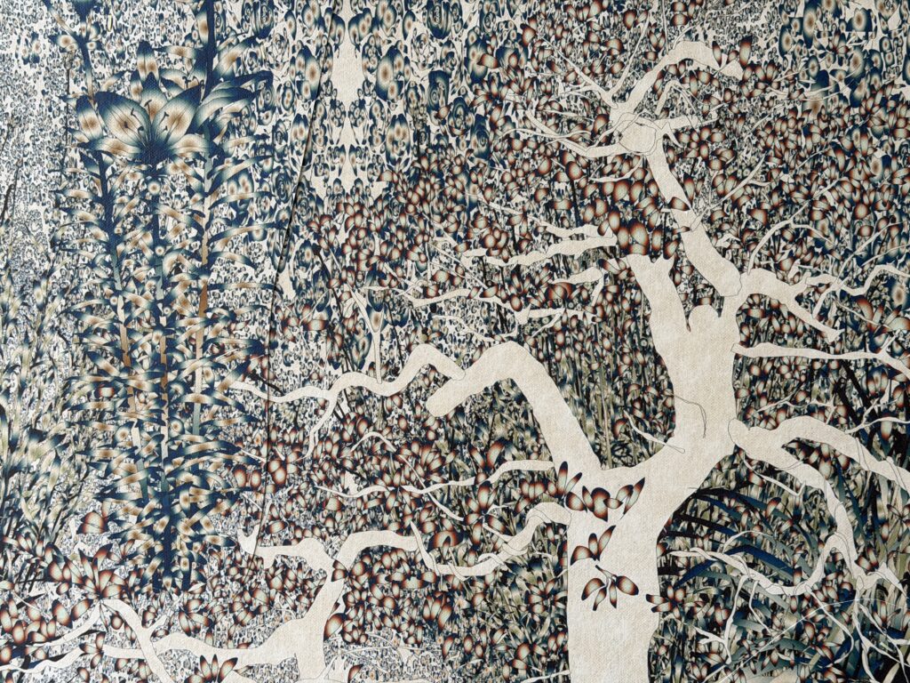 Andy Millner, Thrum (tree) 2026, pigment ink drawing, mulberry paper, linen, wax thread, 40 x 30 inches