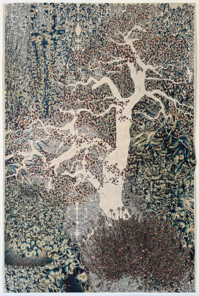 Andy Millner, Thrum (tree) 2026, pigment ink drawing, mulberry paper, linen, wax thread, 45 x 30 inches