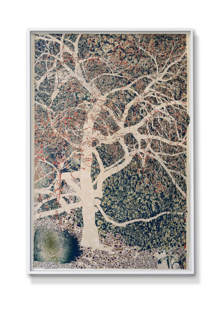 Andy Millner, Thrum (tree) 2026, pigment ink drawing, mulberry paper, linen, wax thread, 40 x 30 inches
