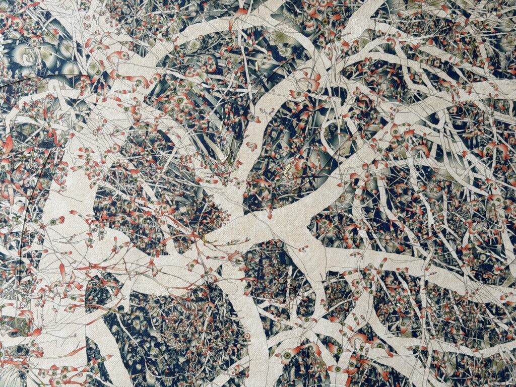 Andy Millner, Thrum (tree) 2026, pigment ink drawing, mulberry paper, linen, wax thread, 40 x 30 inches