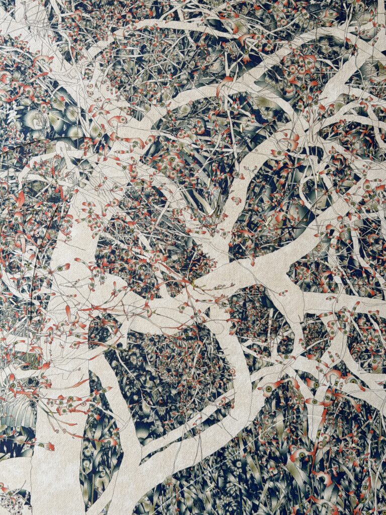 Andy Millner, Thrum (tree) 2026, pigment ink drawing, mulberry paper, linen, wax thread, 40 x 30 inches