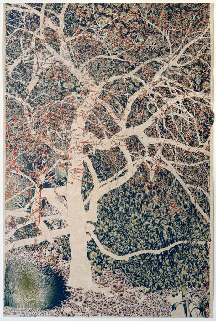 Andy Millner, Thrum (tree) 2026, pigment ink drawing, mulberry paper, linen, wax thread, 45 x 30 inches