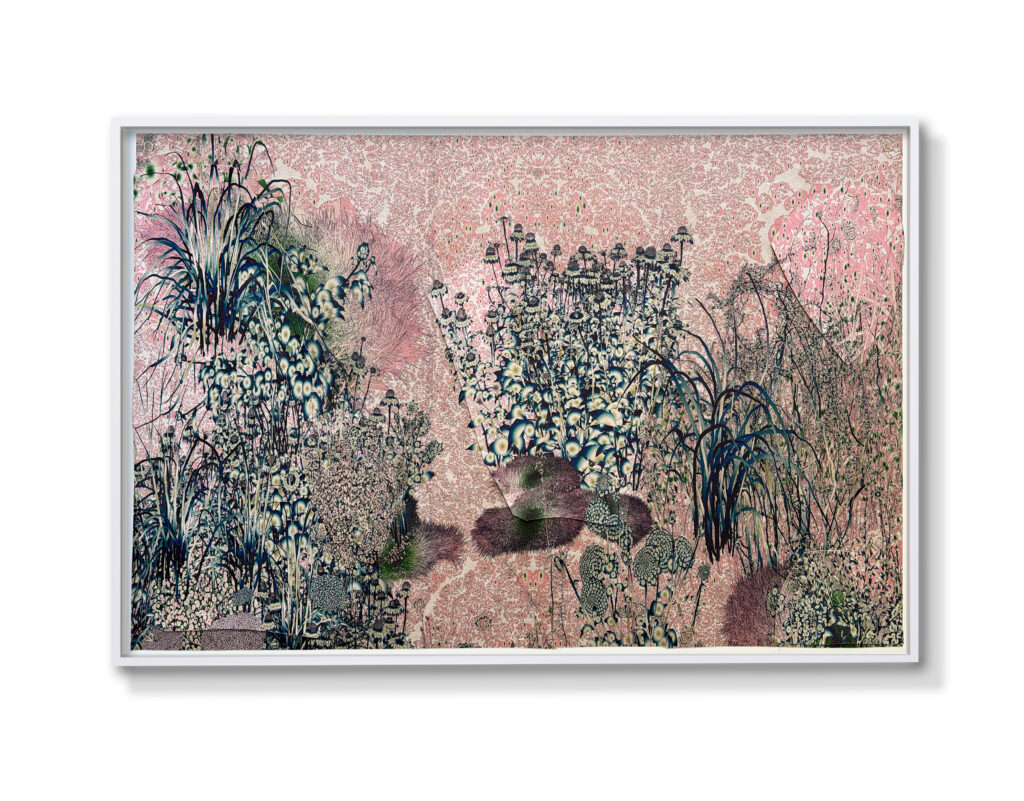 Andy Millner, Thrum (garden) 2026, pigment ink drawing, mulberry paper, linen, wax thread, 30 x 40 inches