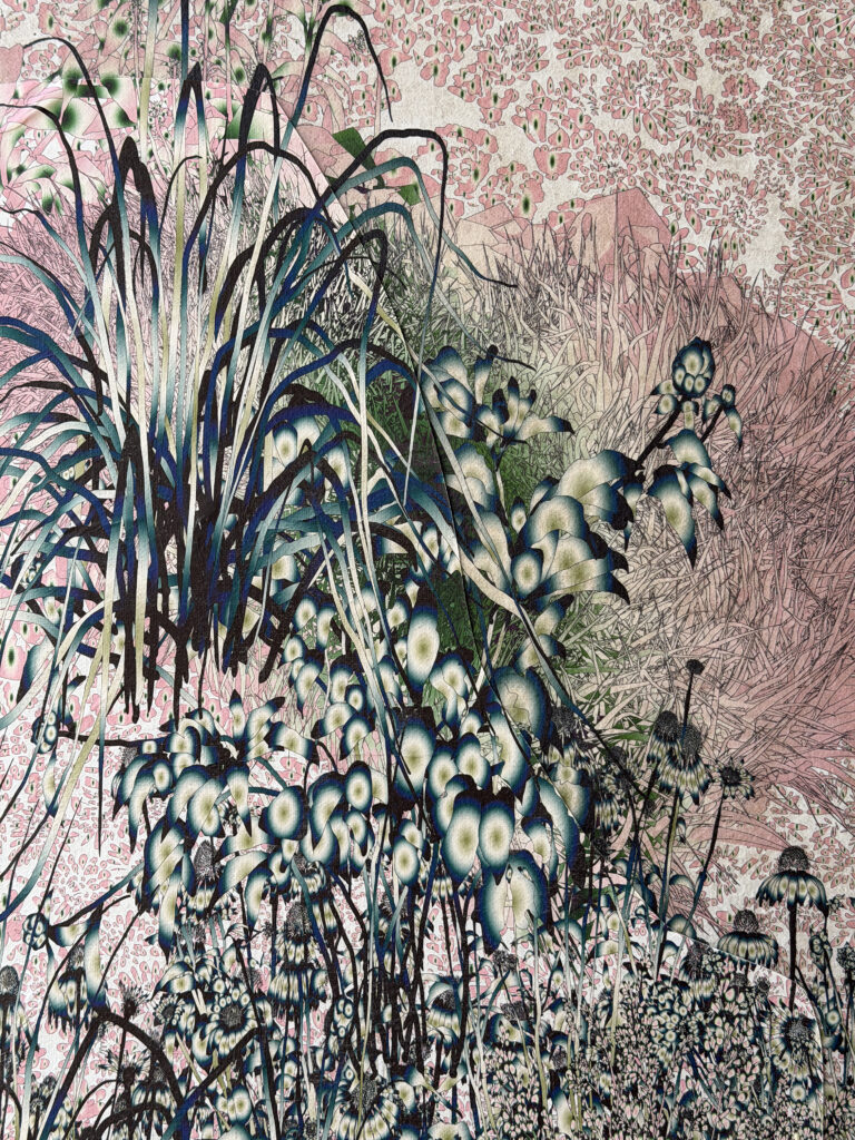 Andy Millner, Thrum (garden) 2026, pigment ink drawing, mulberry paper, linen, wax thread, 30 x 40 inches