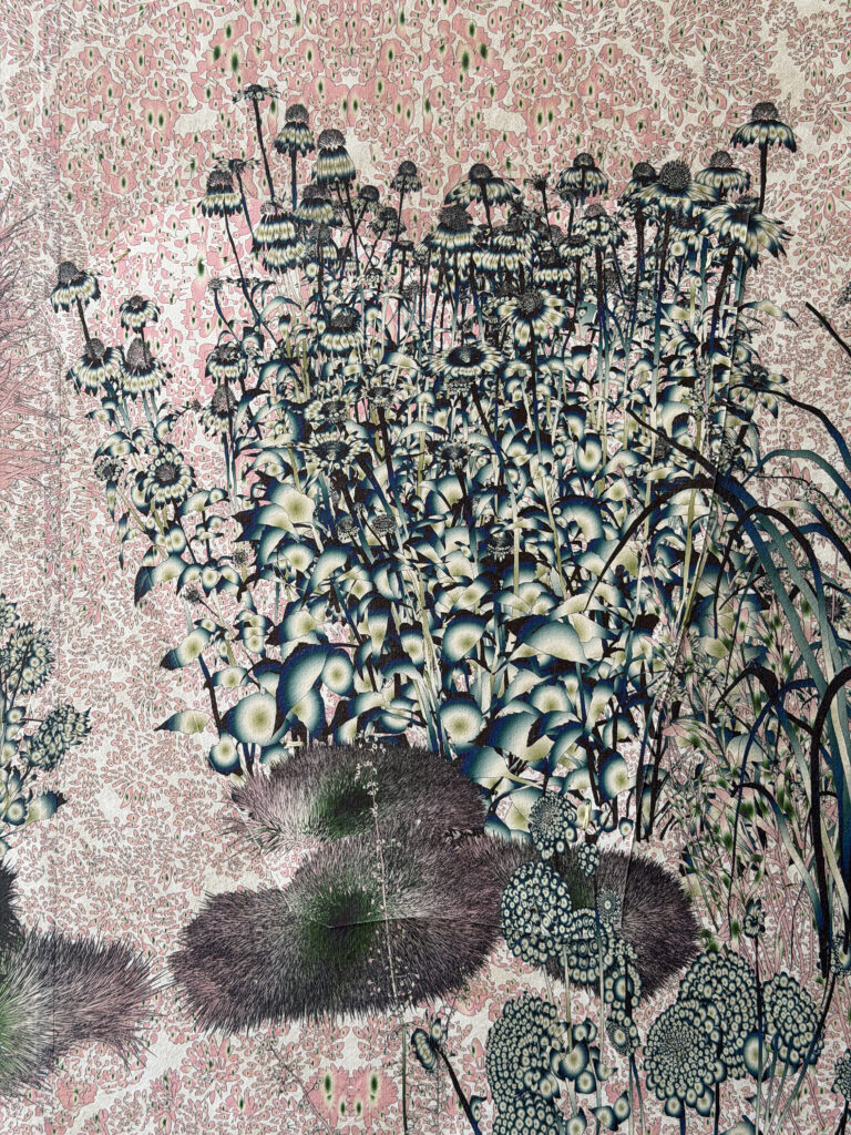 Andy Millner, Thrum (garden) 2026, pigment ink drawing, mulberry paper, linen, wax thread, 30 x 40 inches