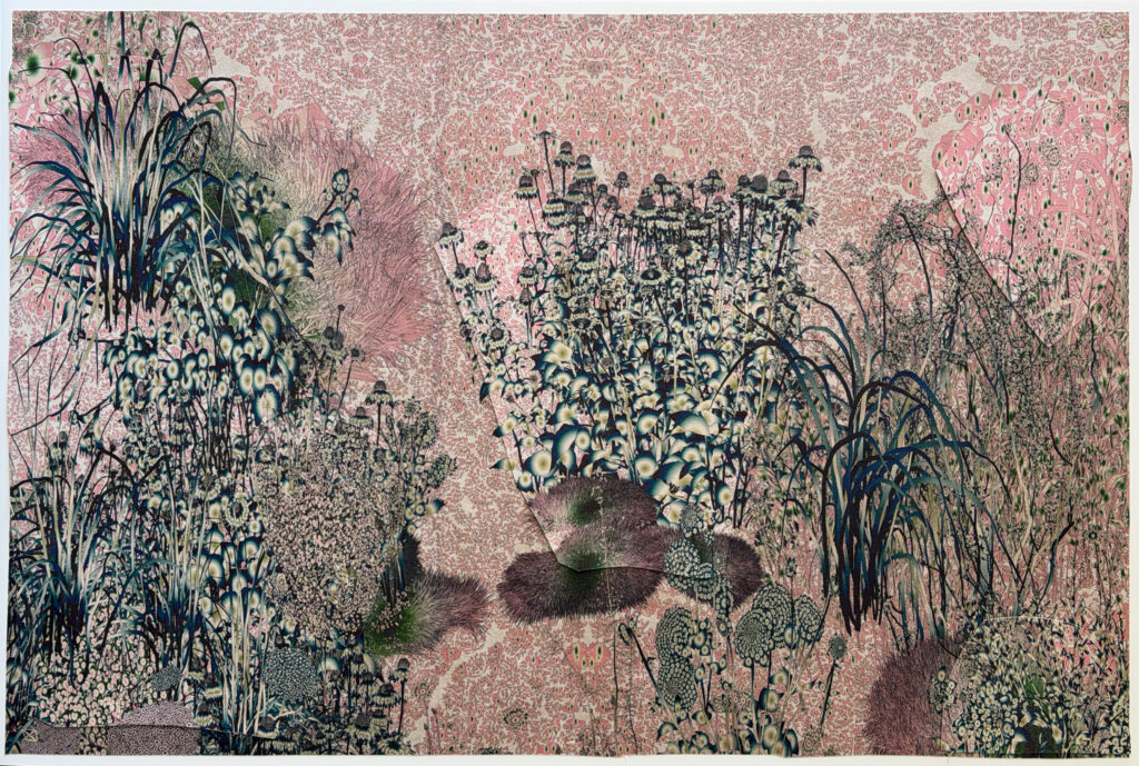 Andy Millner, Thrum (garden) 2026, pigment ink drawing, mulberry paper, linen, wax thread, 30 x 45 inches