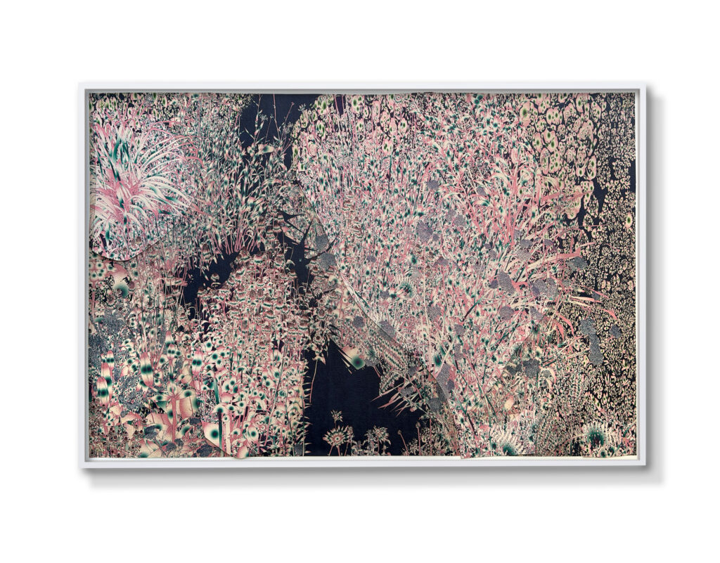 Andy Millner, Thrum (garden) 2026, pigment ink drawing, mulberry paper, linen, wax thread, 30 x 40 inches