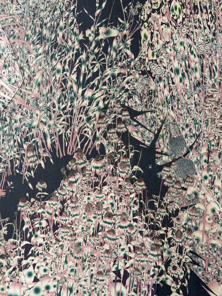 Andy Millner, Thrum (garden) 2026, pigment ink drawing, mulberry paper, linen, wax thread, 30 x 40 inches