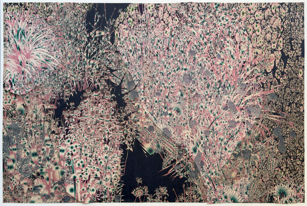 Andy Millner, Thrum (garden) 2026, pigment ink drawing, mulberry paper, linen, wax thread, 30 x 45 inches