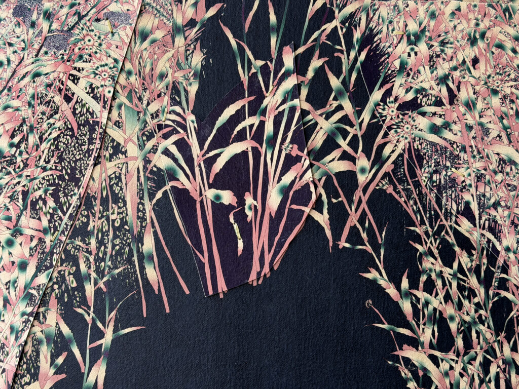 Andy Millner, Thrum (garden) 2026, pigment ink drawing, mulberry paper, linen, wax thread, 30 x 40 inches