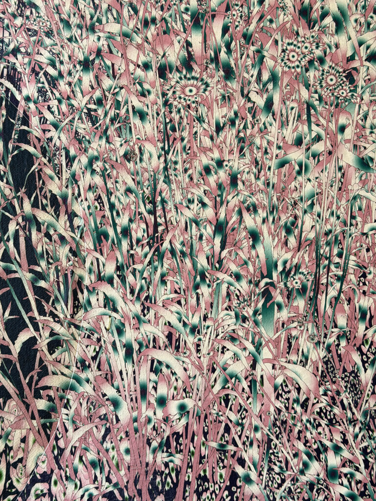 Andy Millner, Thrum (garden) 2026, pigment ink drawing, mulberry paper, linen, wax thread, 30 x 40 inches