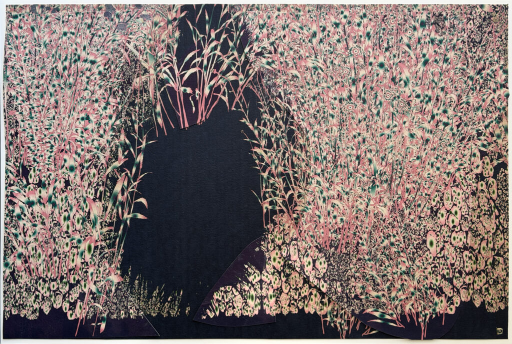 Andy Millner, Thrum (garden) 2026, pigment ink drawing, mulberry paper, linen, wax thread, 30 x 45 inches