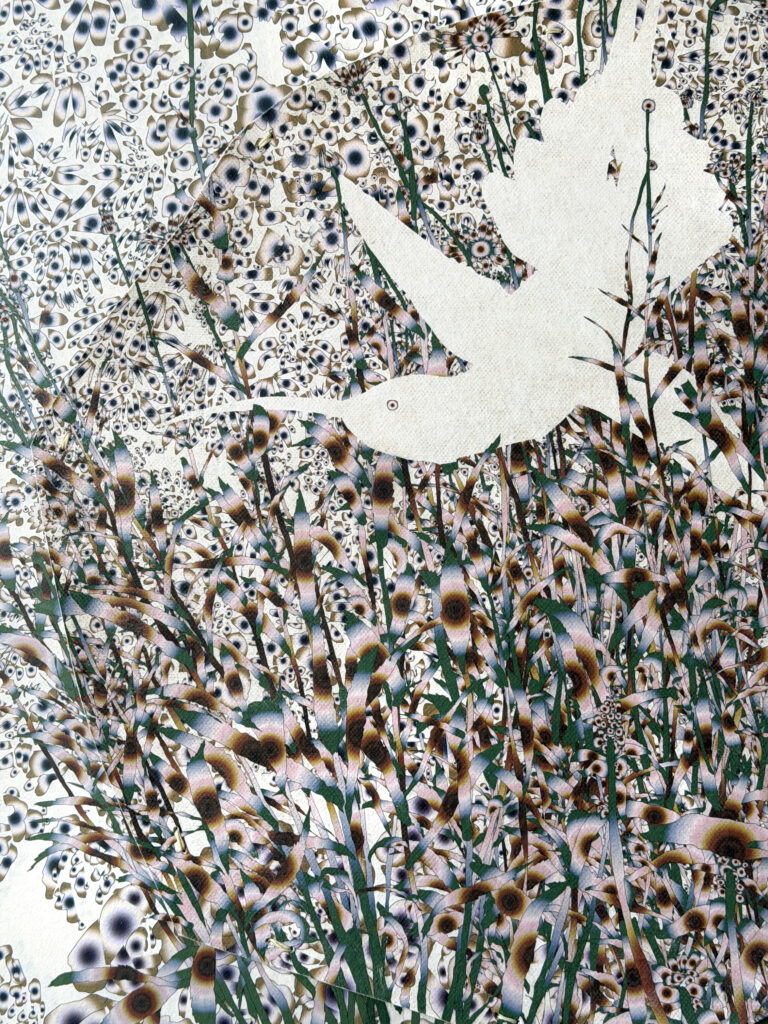 Andy Millner, Thrum (humming-bird) 2026, pigment ink drawing, mulberry paper, linen, wax thread, 30 x 20 inches