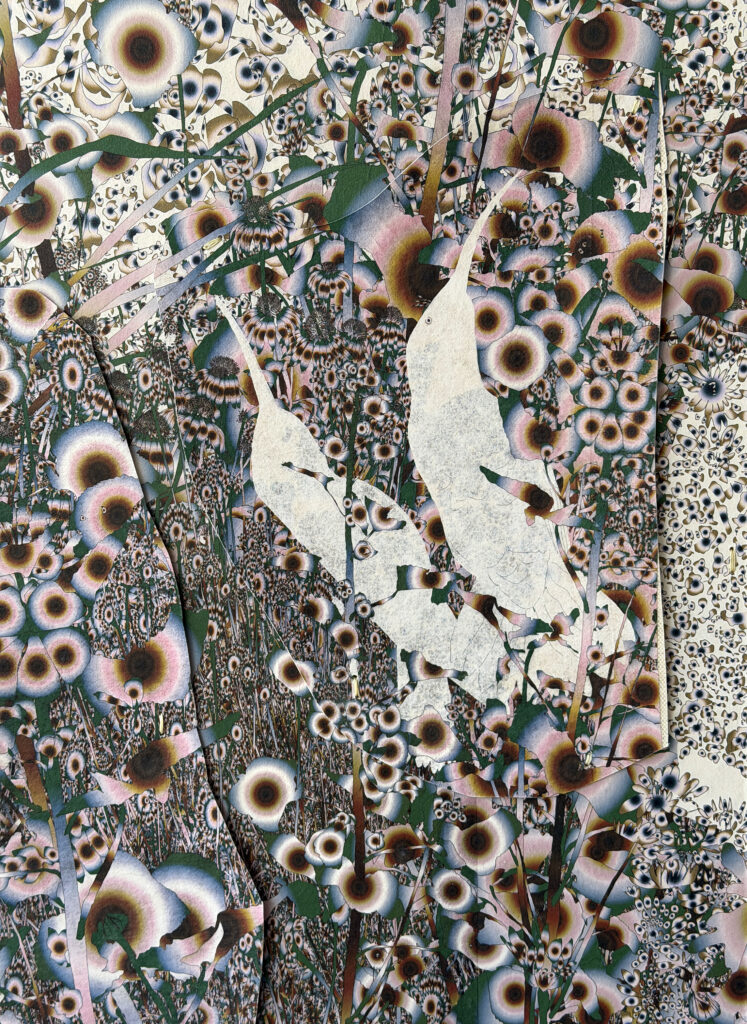 Andy Millner, Thrum (humming-bird) 2026, pigment ink drawing, mulberry paper, linen, wax thread, 30 x 20 inches