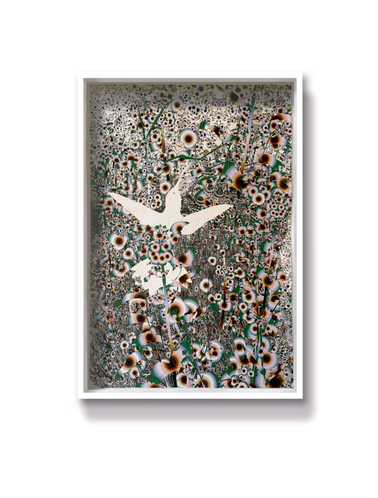 Andy Millner, Thrum (humming-bird) 2026, pigment ink drawing, mulberry paper, linen, wax thread, 30 x 20 inches