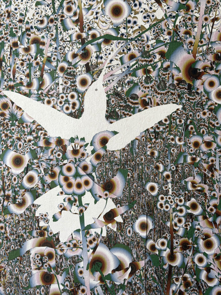 Andy Millner, Thrum (humming-bird) 2026, pigment ink drawing, mulberry paper, linen, wax thread, 30 x 20 inches