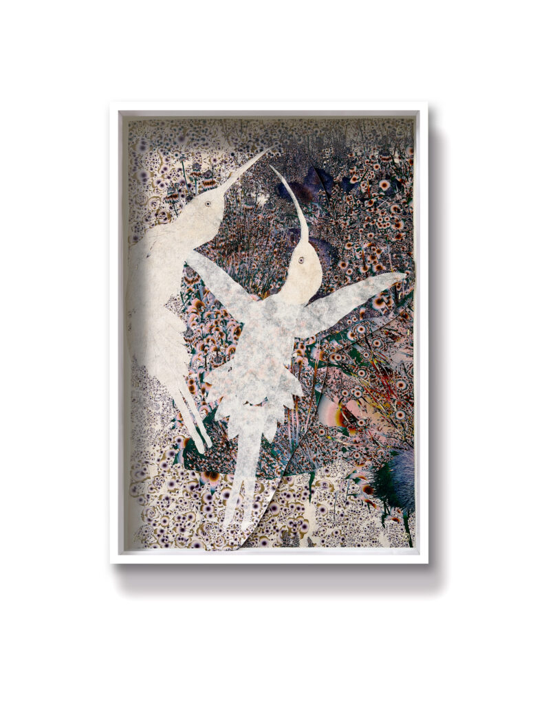 Andy Millner, Thrum (humming-bird) 2026, pigment ink drawing, mulberry paper, linen, wax thread, 30 x 20 inches