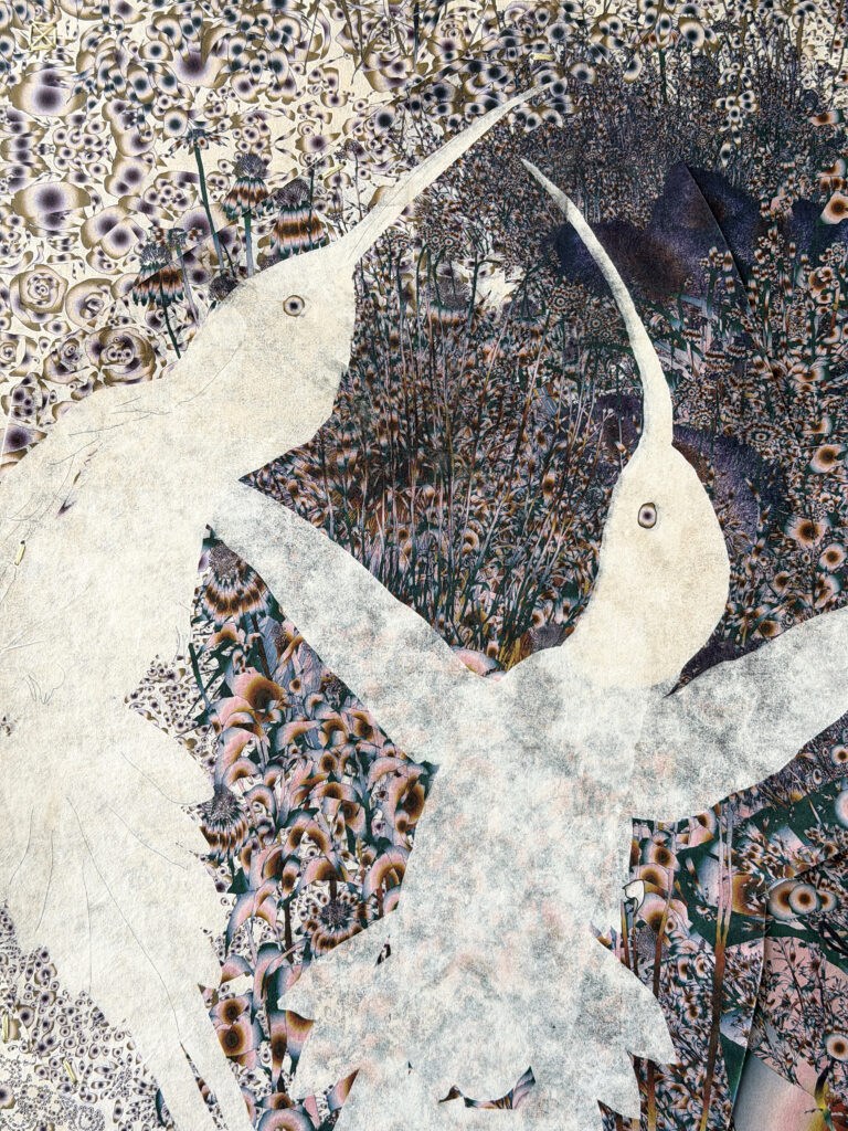 Andy Millner, Thrum (humming-bird) 2026, pigment ink drawing, mulberry paper, linen, wax thread, 30 x 20 inches