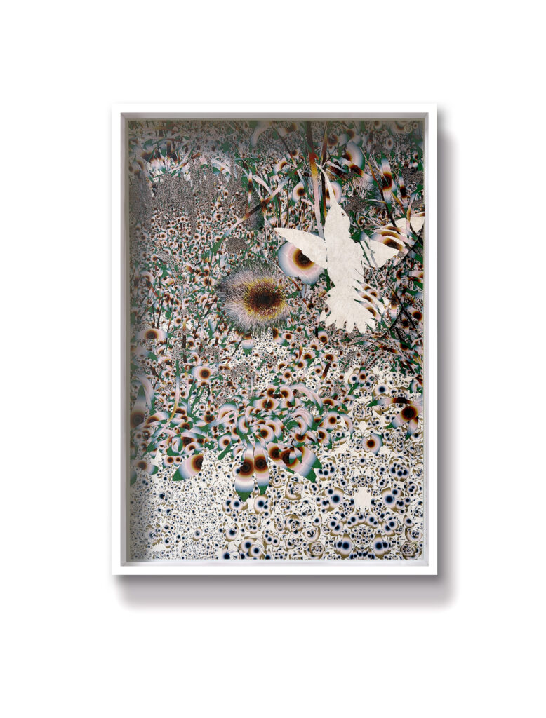 Andy Millner, Thrum (humming-bird) 2026, pigment ink drawing, mulberry paper, linen, wax thread, 30 x 20 inches