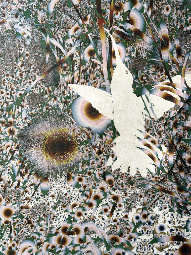 Andy Millner, Thrum (humming-bird) 2026, pigment ink drawing, mulberry paper, linen, wax thread, 30 x 20 inches