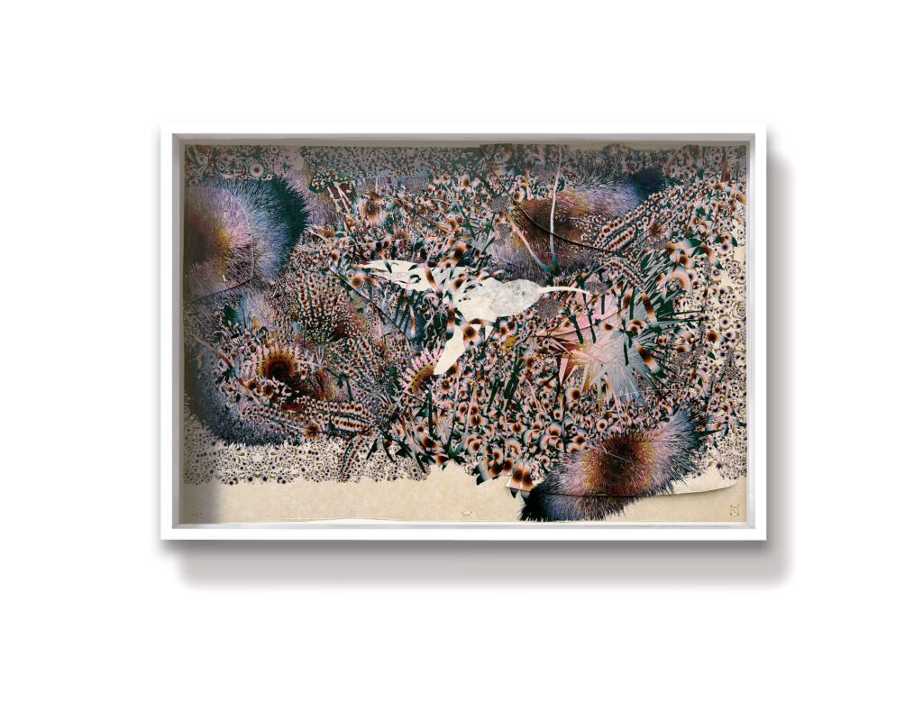 Andy Millner, Thrum (humming-bird) 2026, pigment ink drawing, mulberry paper, linen, wax thread, 20 x 30 inches