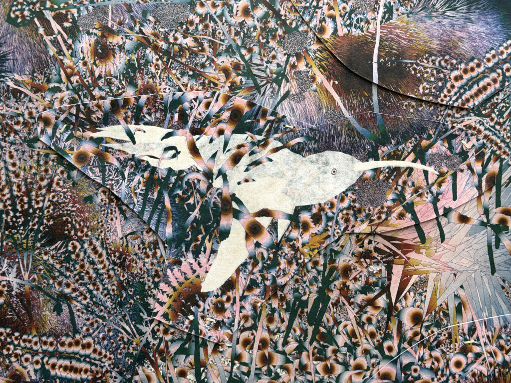 Andy Millner, Thrum (humming-bird) 2026, pigment ink drawing, mulberry paper, linen, wax thread, 20 x 30 inches