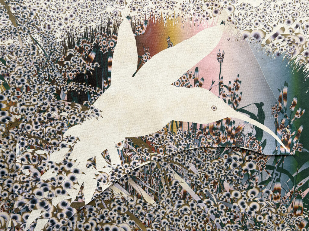 Andy Millner, Thrum (humming-bird) 2026, pigment ink drawing, mulberry paper, linen, wax thread, 20 x 30 inches