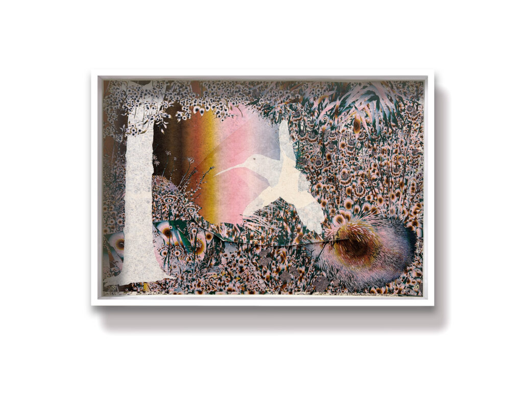 Andy Millner, Thrum (humming-bird) 2026, pigment ink drawing, mulberry paper, linen, wax thread, 20 x 30 inches