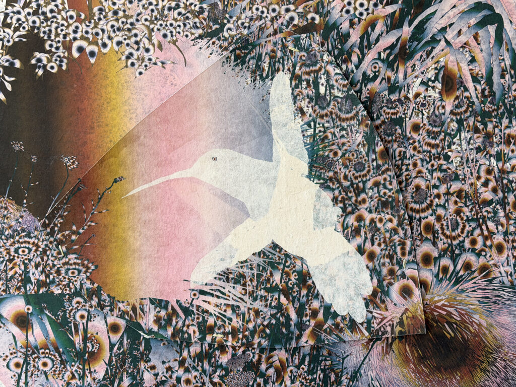 Andy Millner, Thrum (humming-bird) 2026, pigment ink drawing, mulberry paper, linen, wax thread, 20 x 30 inches