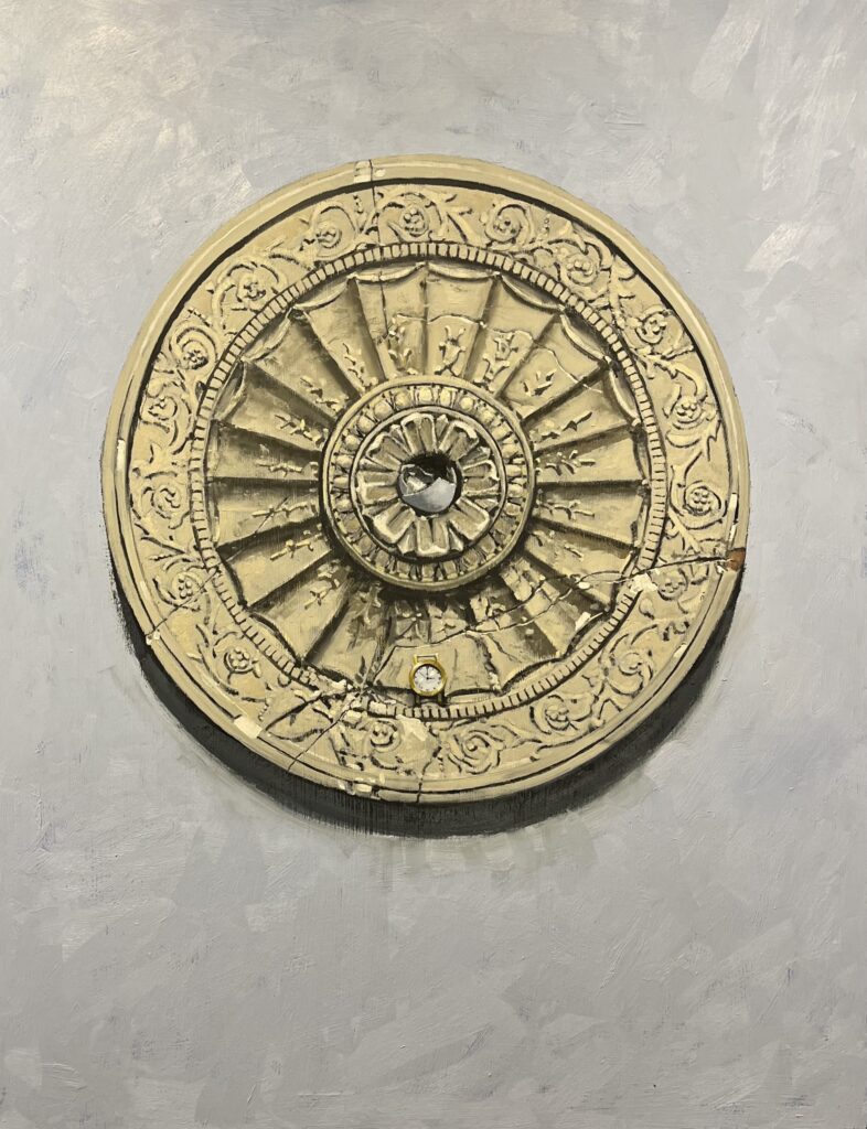 William Ciccariello, Damaged Medallion, 2026, oil on board, 31 x 24 inches